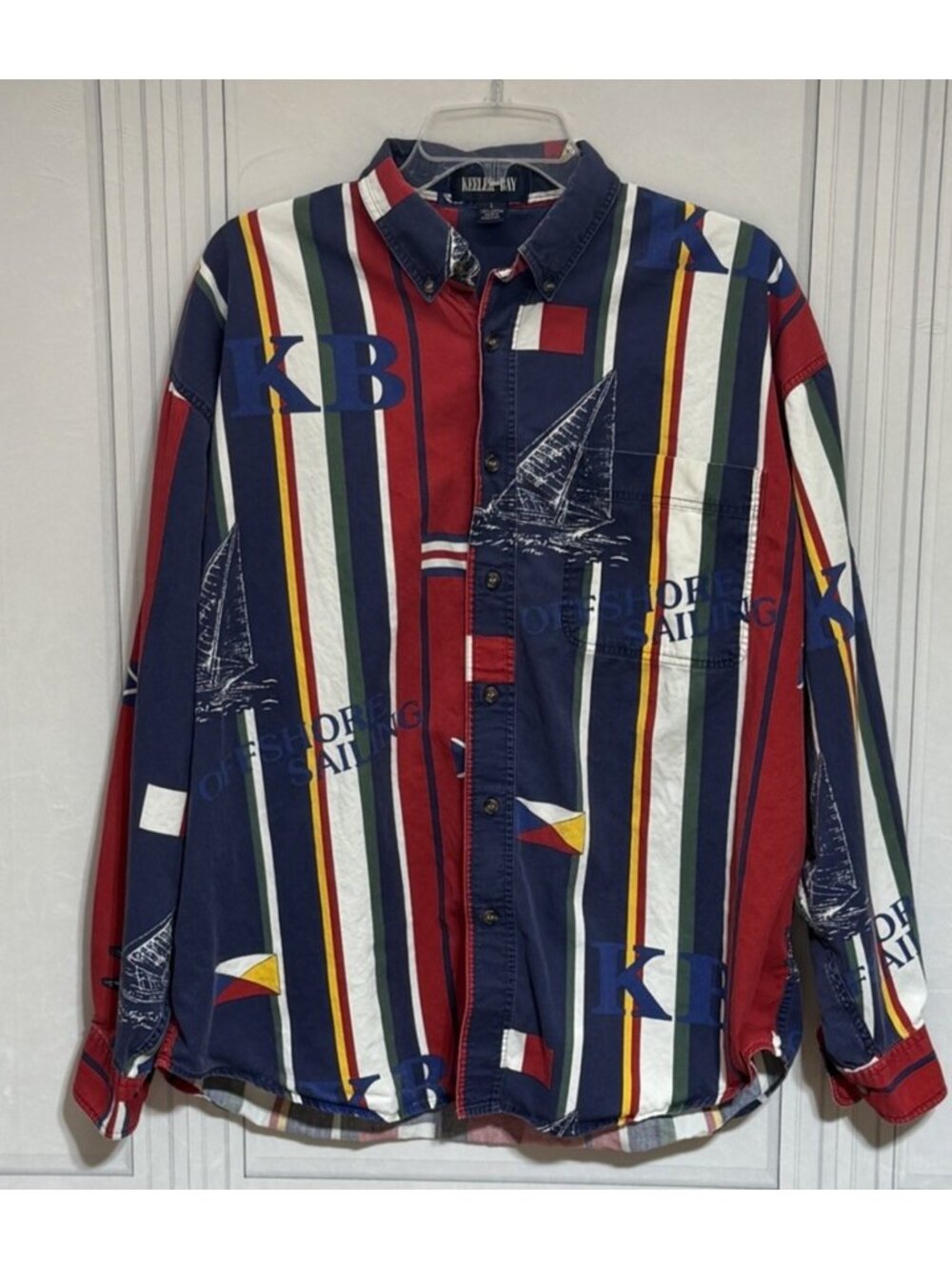 Nautical Sailing Button Down Shirt Mens L Keeler Bay Offshore Sailboat Striped